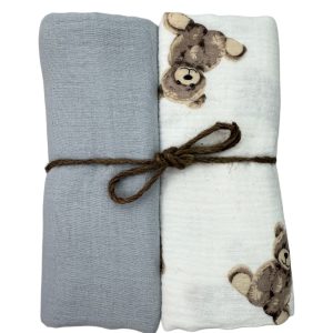 Pielucha muślinowa-kresz 2-pack/szary+miś